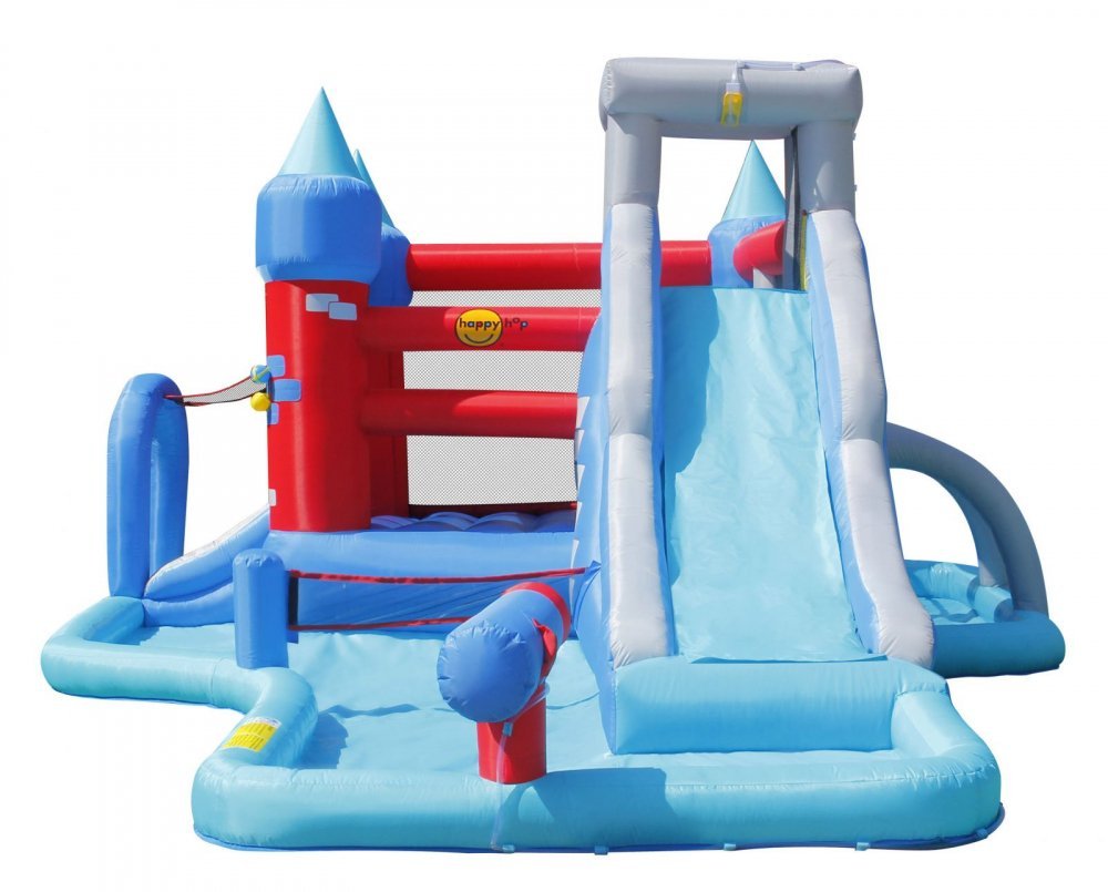Saltea gonflabila Splash Park cu doua tobogane, spatiu de catarat, tun cu apa, loc pentru sarituri, cos de baschet si darts – imaginea 2