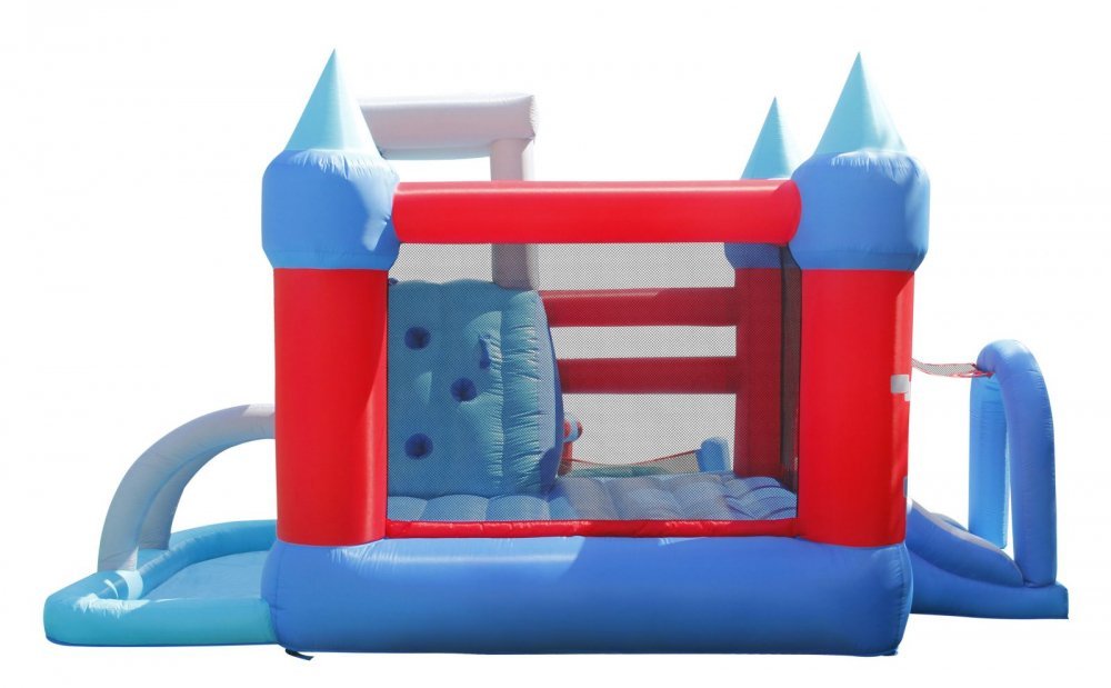 Saltea gonflabila Splash Park cu doua tobogane, spatiu de catarat, tun cu apa, loc pentru sarituri, cos de baschet si darts – imaginea 5