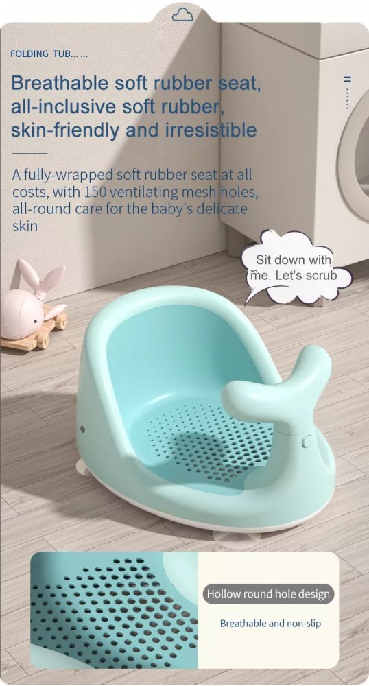 Scaun de baie pentru bebelusi Little Mom Green Whale, antiderapant cu 150 orificii de aerisire, baza stabila cu 4 ventuze si maner de sustinere integrat, dimensiune 38 cm x 30 cm x 21 cm – imaginea 3