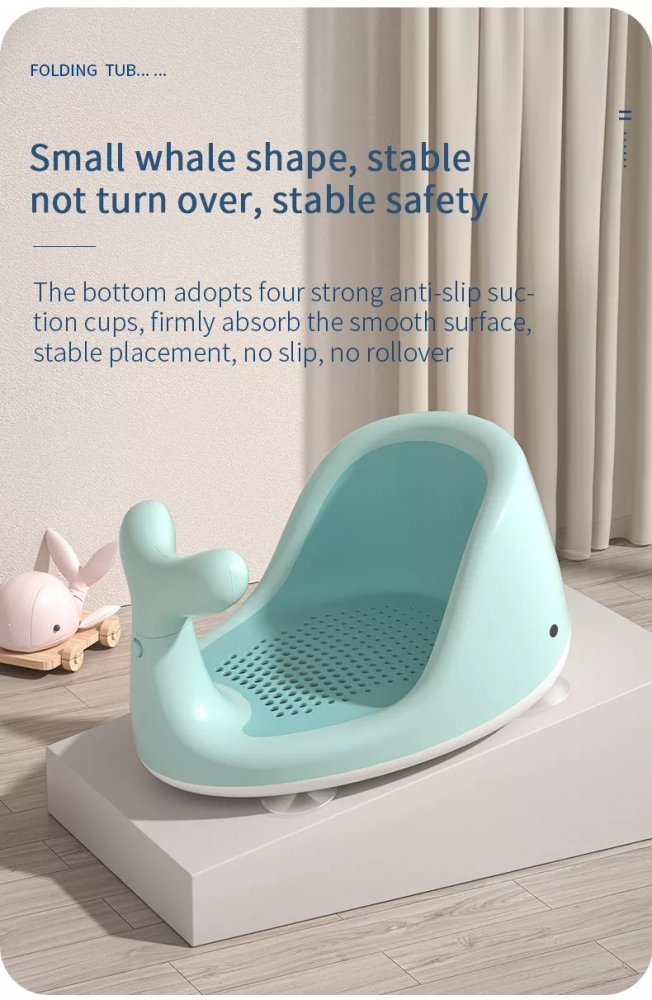 Scaun de baie pentru bebelusi Little Mom Green Whale, antiderapant cu 150 orificii de aerisire, baza stabila cu 4 ventuze si maner de sustinere integrat, dimensiune 38 cm x 30 cm x 21 cm – imaginea 4