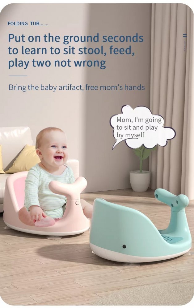 Scaun de baie pentru bebelusi Little Mom Green Whale, antiderapant cu 150 orificii de aerisire, baza stabila cu 4 ventuze si maner de sustinere integrat, dimensiune 38 cm x 30 cm x 21 cm – imaginea 5