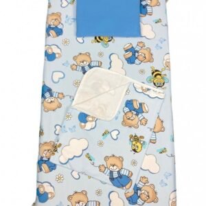 Set 3 piese paturica cu cearsaf si pernuta 120x60 cm Ursi cu albine blue