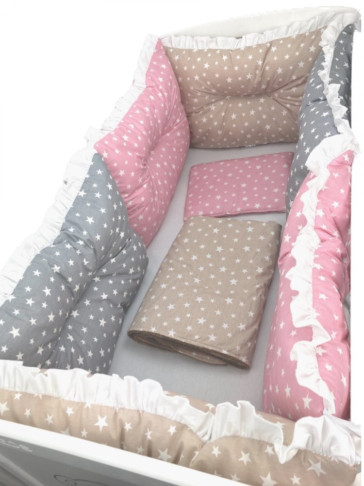 Set 6 aparatori protectii laterale patut 120×60 cm Stelute roz,bej si gri