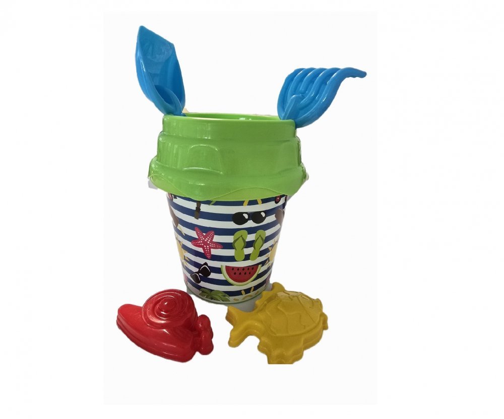 Set 6 jucarii de nisip pentru copii, BurakToys, cu galetusa, lopatica, grebla, sita si 2 forme, Desene Multicolor – imaginea 3