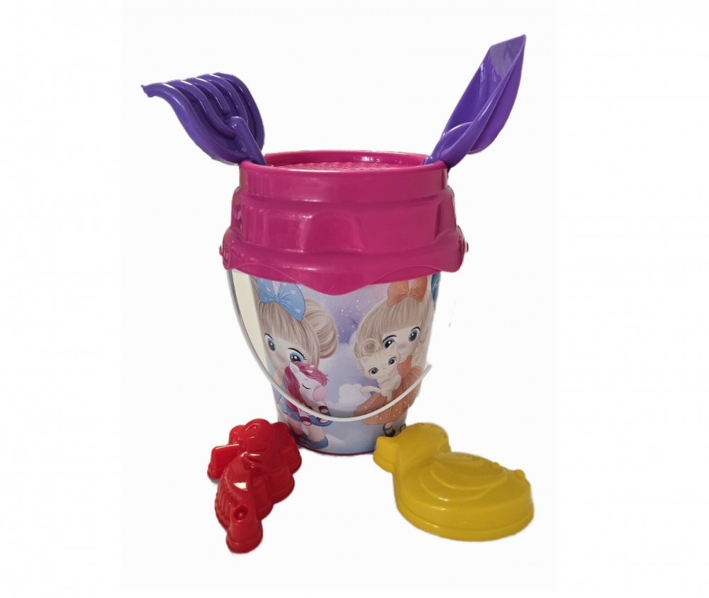 Set 6 jucarii de nisip pentru copii, BurakToys, cu galetusa, lopatica, grebla, sita si 2 forme, Desene Multicolor – imaginea 4