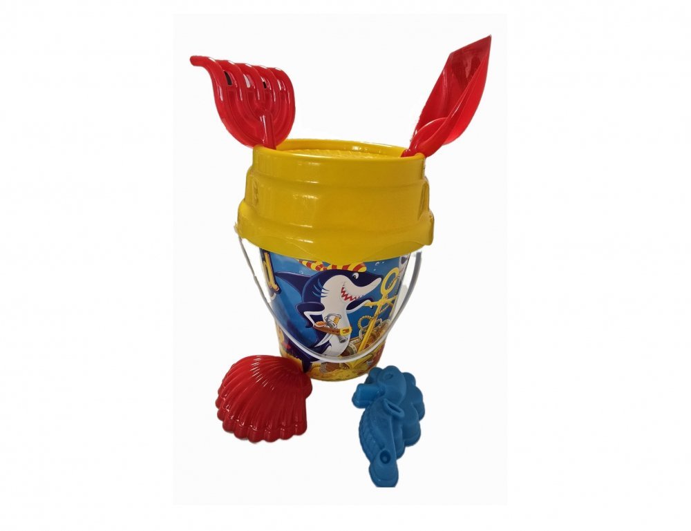 Set 6 jucarii de nisip pentru copii, BurakToys, cu galetusa, lopatica, grebla, sita si 2 forme, Desene Multicolor – imaginea 5