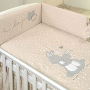Set lenjerie din bumbac cu protectie laterala pentru pat 140x70cm Iepuras Bej