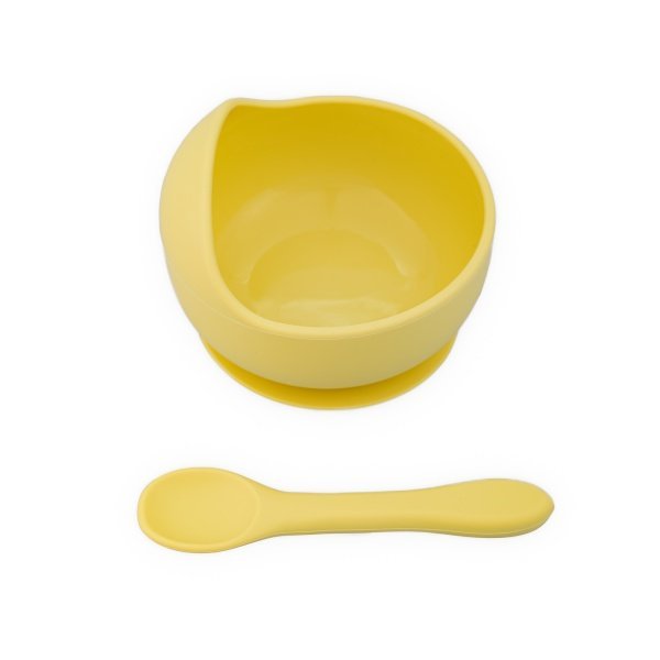 Set castron, farfurie cu ventuza, lingurita si capac galben pal – imaginea 2