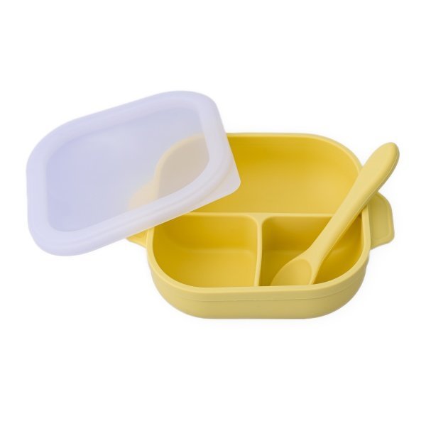 Set castron, farfurie cu ventuza, lingurita si capac galben pal – imaginea 4