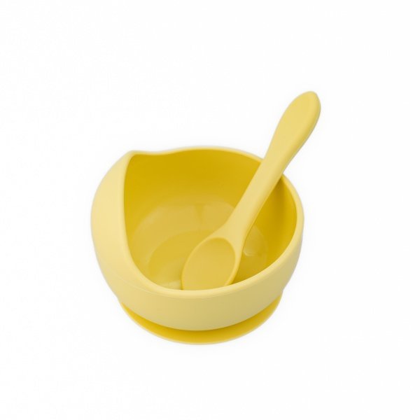 Set castron, farfurie cu ventuza, lingurita si capac galben pal – imaginea 5