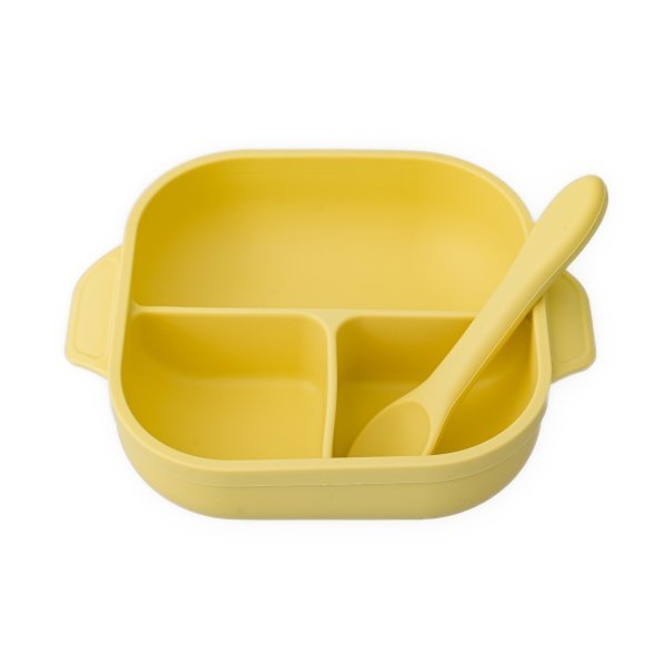 Set castron, farfurie cu ventuza, lingurita si capac galben pal – imaginea 6