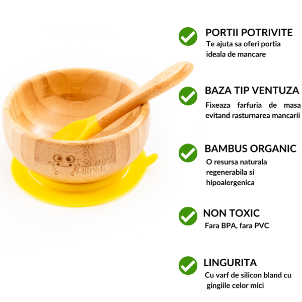 Set castron si farfurie iepuras din bambus cu lingurita Oaki pentru copii galben – imaginea 4