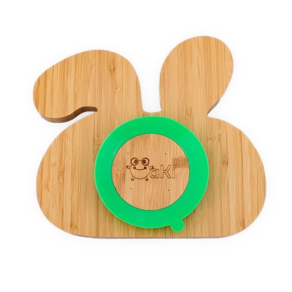 Set castron si farfurie iepuras din bambus cu lingurita Oaki pentru copii verde – imaginea 2