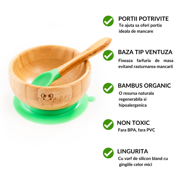 Set castron si farfurie iepuras din bambus cu lingurita Oaki pentru copii verde – imaginea 4