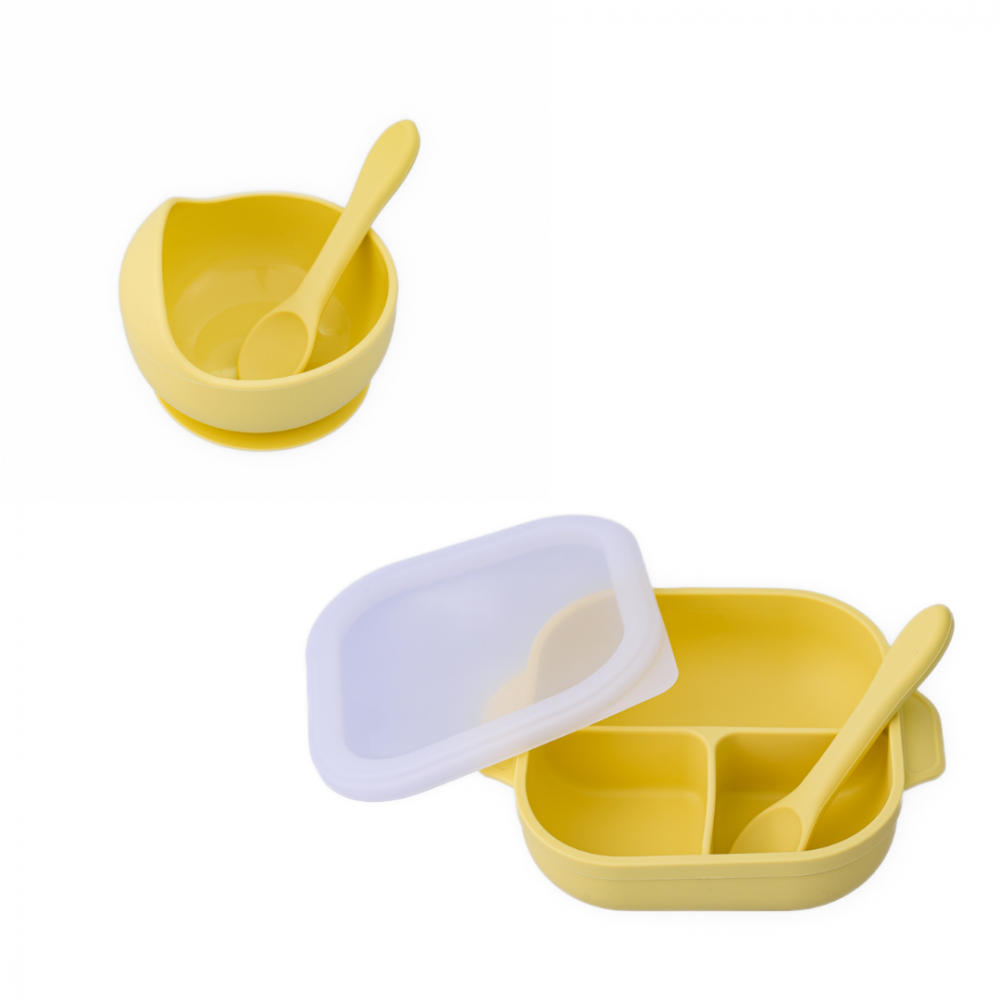Set castron, farfurie cu ventuza, lingurita si capac galben pal – imaginea 7
