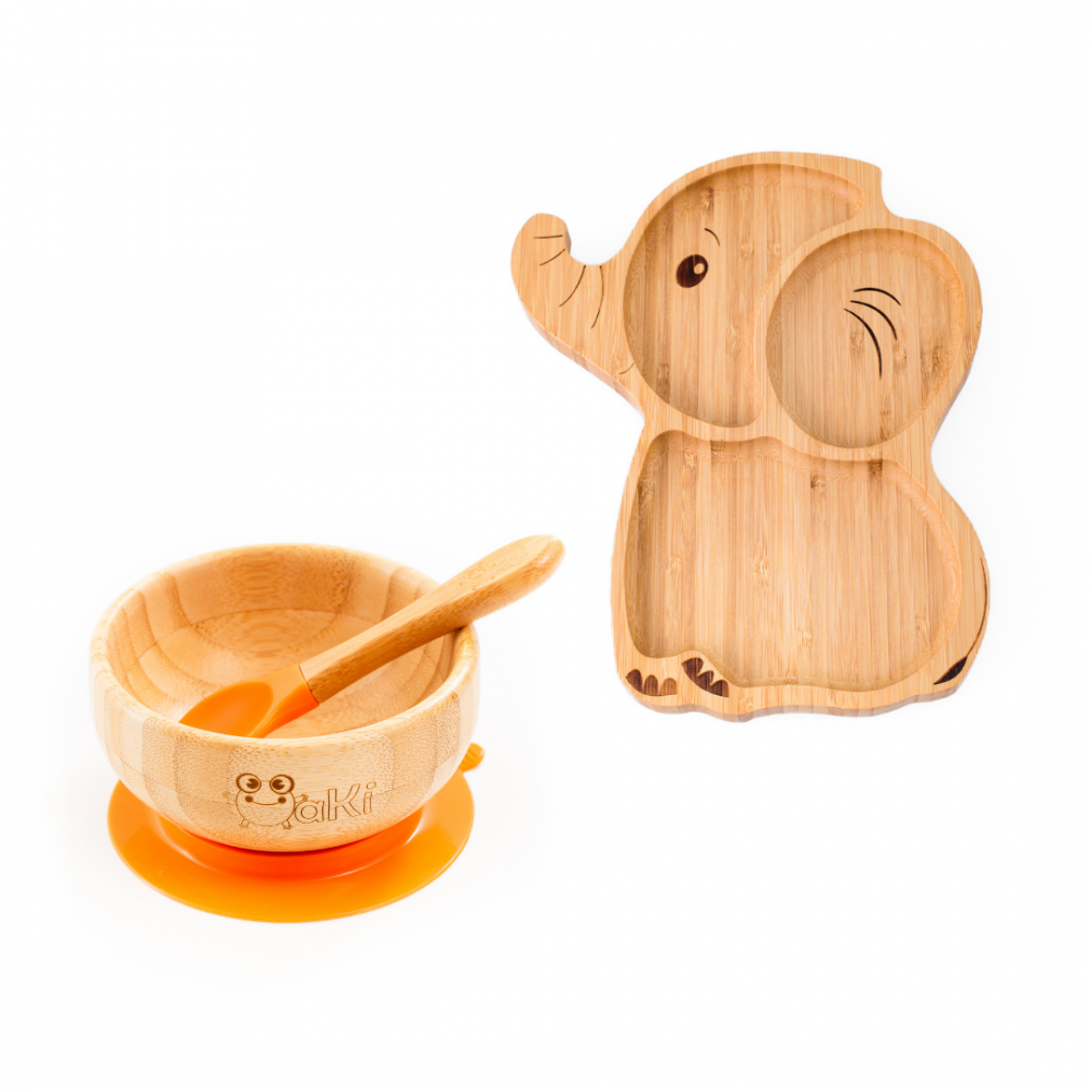 Set castron si farfurie cu lingurita pentru diversificare Oaki din bambus Elefant Portocaliu – imaginea 7