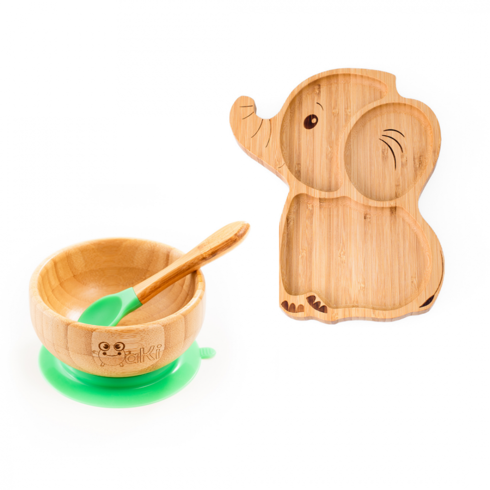 Set castron si farfurie cu lingurita pentru diversificare Oaki din bambus Elefant Verde – imaginea 7