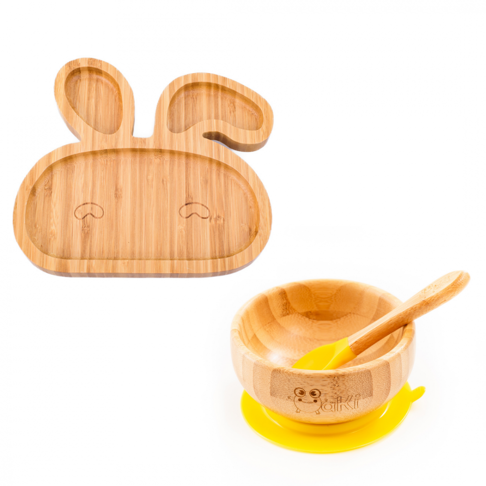 Set castron si farfurie iepuras din bambus cu lingurita Oaki pentru copii galben – imaginea 7