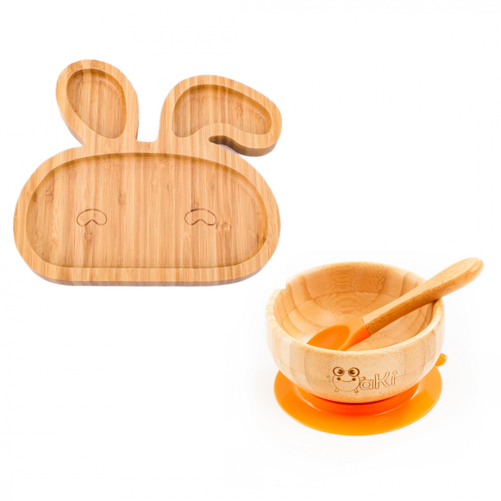 Set castron si farfurie iepuras din bambus cu lingurita Oaki pentru copii portocaliu – imaginea 7