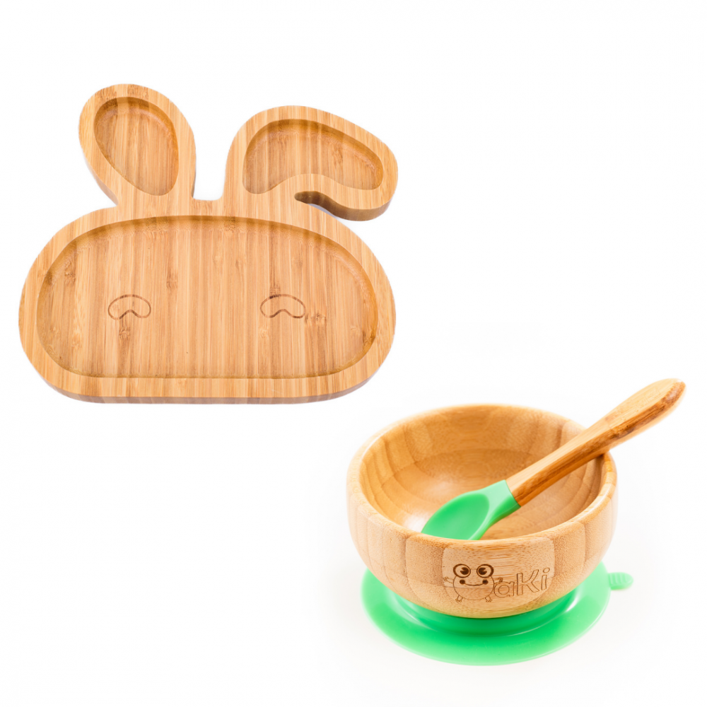 Set castron si farfurie iepuras din bambus cu lingurita Oaki pentru copii verde – imaginea 6