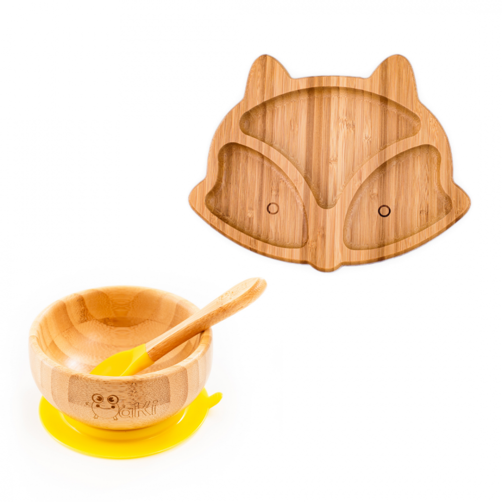 Set castron si farfurie vulpita din bambus pentru copii Oaki galben – imaginea 7