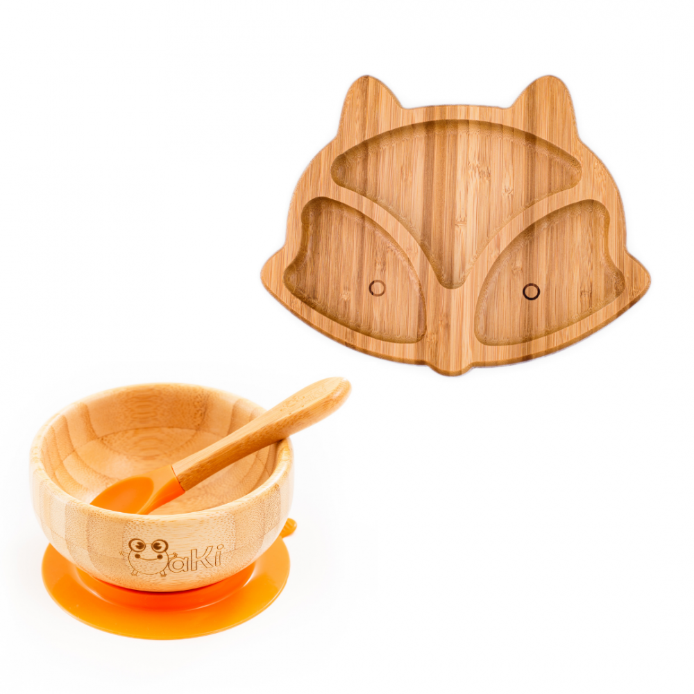 Set castron si farfurie vulpita din bambus pentru copii Oaki portocaliu – imaginea 6