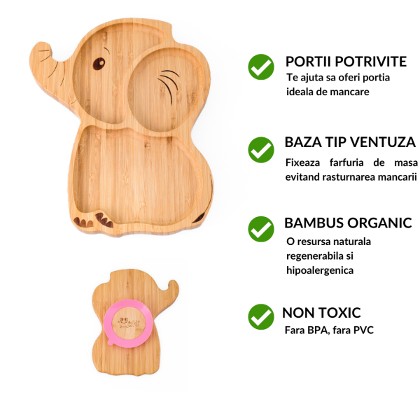 Set castron si farfurie cu lingurita pentru diversificare Oaki din bambus Elefant Verde – imaginea 5