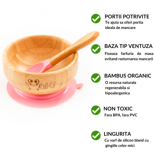 Set diversificare pentru copii castron si lingurita din bambus Oaki roz – imaginea 2