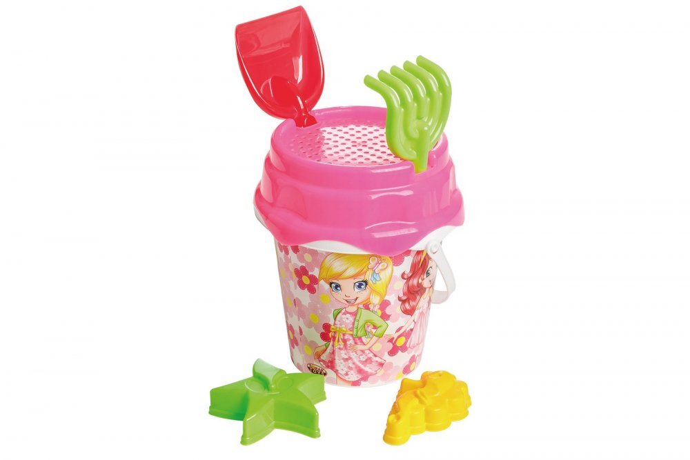 Set 6 jucarii de nisip pentru copii, BurakToys, cu galetusa, lopatica, grebla, sita si 2 forme, Desene Multicolor – imaginea 6