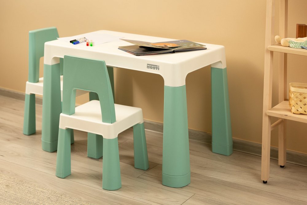Set masuta cu inaltime reglabila, sertare depozitare si 2 scaunele cu spatar pentru copii Toyz Monti Mint – imaginea 6