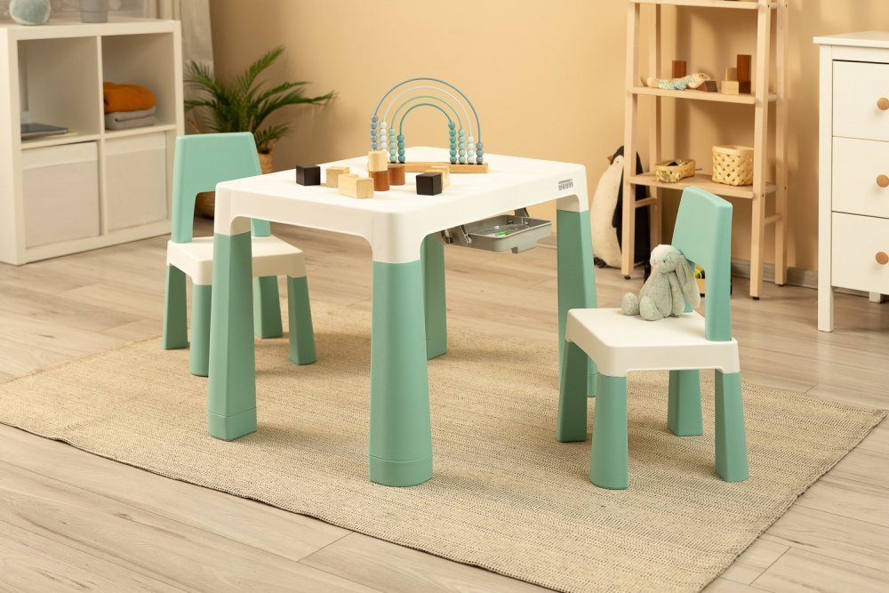 Set masuta cu inaltime reglabila, sertare depozitare si 2 scaunele cu spatar pentru copii Toyz Monti Mint – imaginea 7