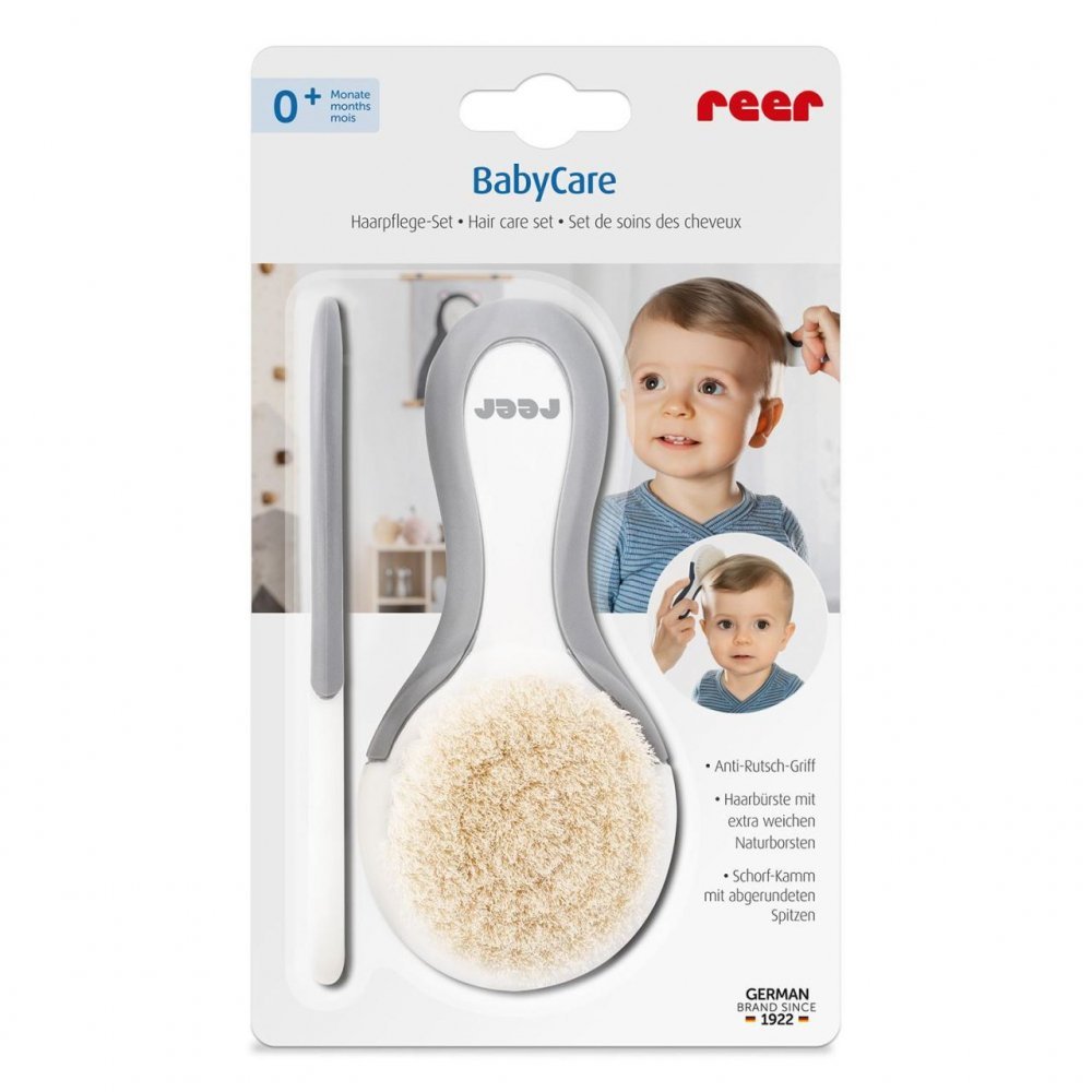 Set perie si pieptene ingrijire bebelusi cu par natural de capra alb cu gri BabyCare Hair Reer 81070