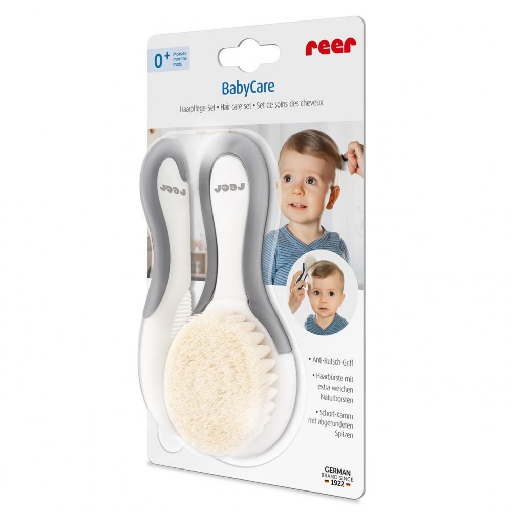 Set perie si pieptene ingrijire bebelusi cu par natural de capra alb cu gri BabyCare Hair Reer 81070 – imaginea 2