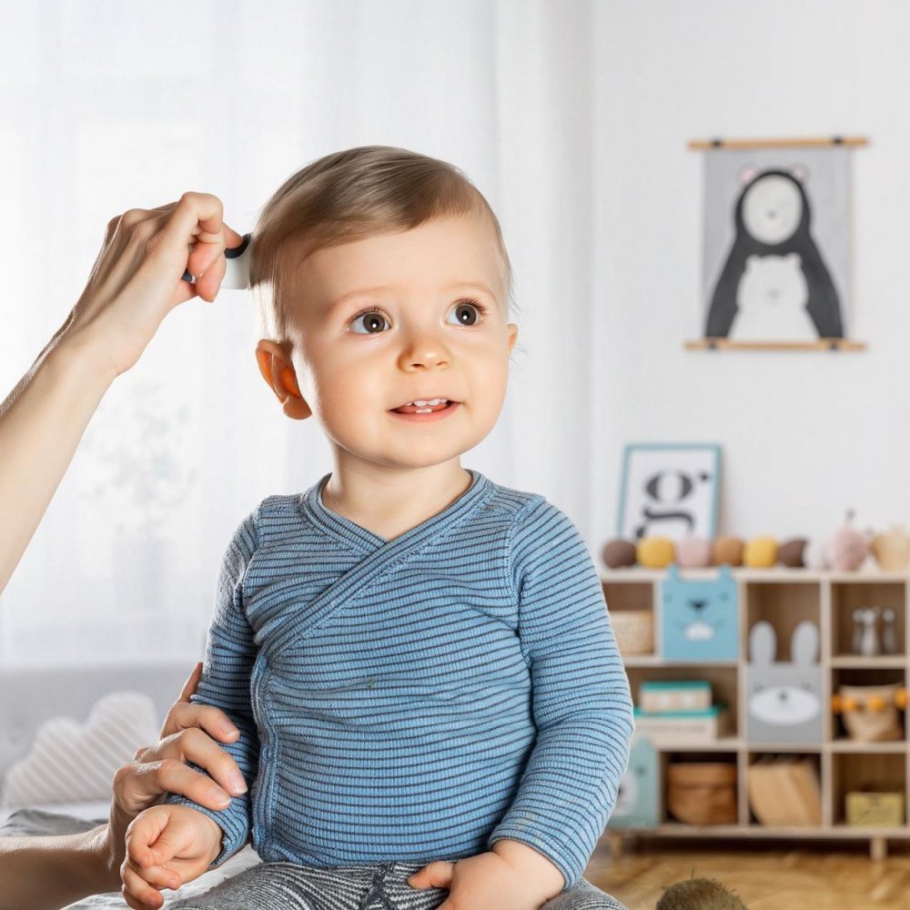 Set perie si pieptene ingrijire bebelusi cu par natural de capra alb cu gri BabyCare Hair Reer 81070 – imaginea 3
