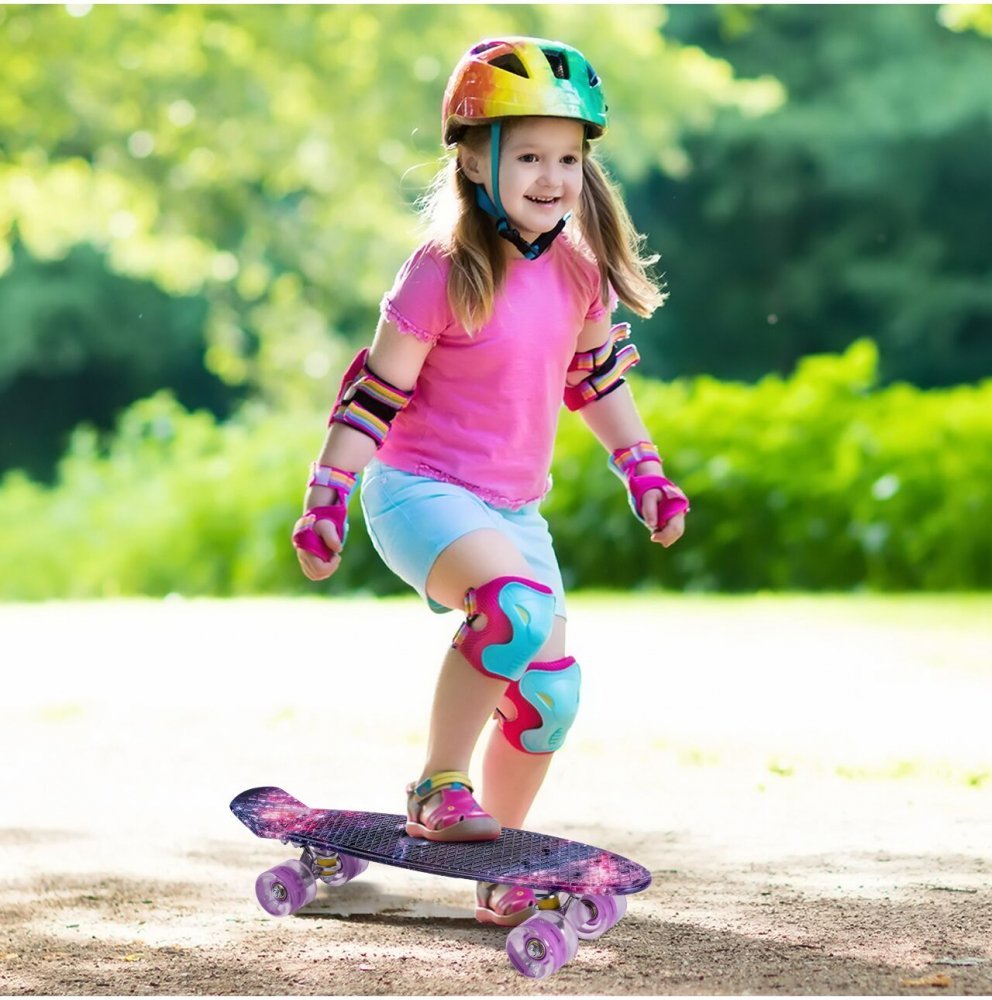 Skateboard pentru copii Malplay Space Colors, roti din PU dotate cu LED-uri RGB, dimensiune 56 x 15 cm
