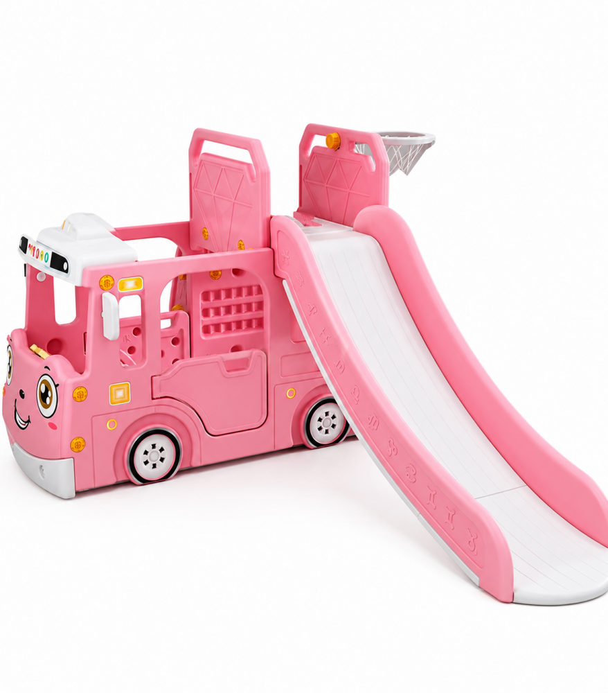 Spatiu de joaca 3 in 1 pentru copii Nichiduta Garden Happy Bus Pink cu tobogan, cos de baschet, 190 x 210 x 116 cm, utilizare interiorexterior, usa cu deschidere, margini rotunjite – imaginea 5