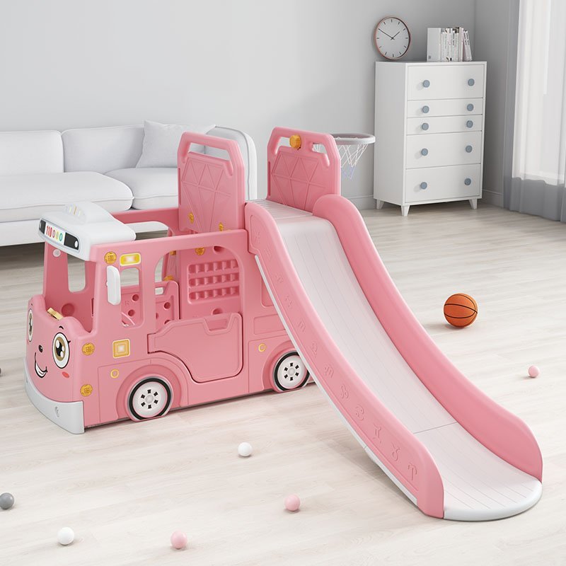 Spatiu de joaca 3 in 1 pentru copii Nichiduta Garden Happy Bus Pink cu tobogan, cos de baschet, 190 x 210 x 116 cm, utilizare interiorexterior, usa cu deschidere, margini rotunjite – imaginea 2