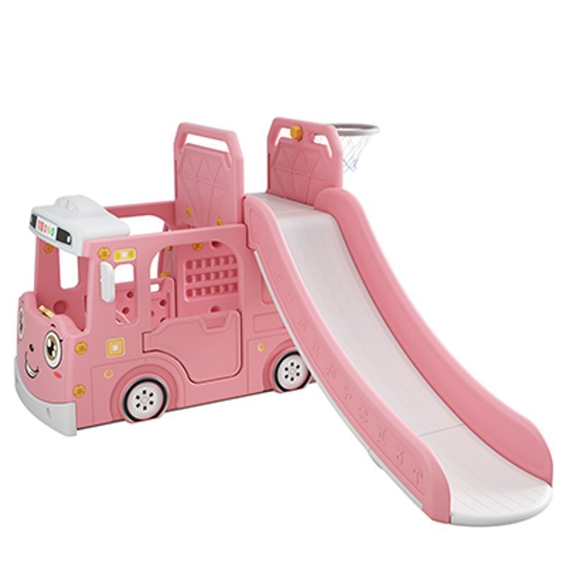 Spatiu de joaca 3 in 1 pentru copii Nichiduta Garden Happy Bus Pink cu tobogan, cos de baschet, 190 x 210 x 116 cm, utilizare interiorexterior, usa cu deschidere, margini rotunjite – imaginea 3