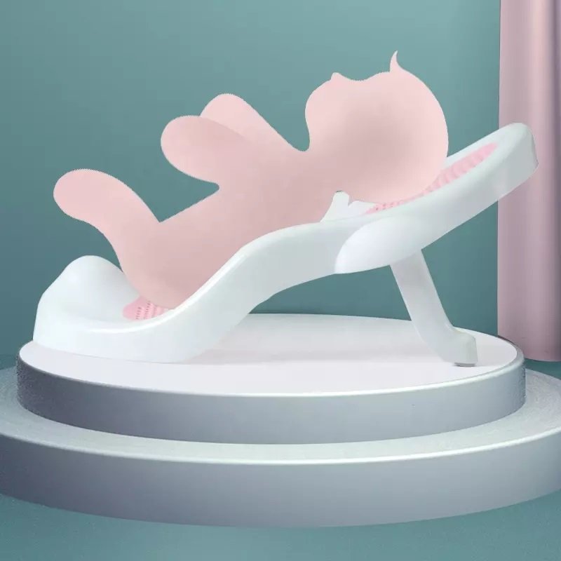 Suport de baie pentru copii Little Mom Soft Pink pliabil, design ergonomic si sigur, strcutura piramidala, material moale cu sistem de scurgere a apei, dimensiune 56 x 30 x 25 cm – imaginea 2