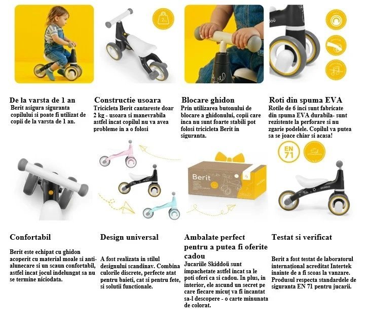Tricicleta pentru copii fara pedale Berit Ride-On Skiddou Keep Pink, actionata cu picioarele, recomandata copiilor de la 1 an pana la 3 ani, cu roti din spuma EVA – imaginea 8