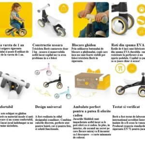 Tricicleta pentru copii fara pedale Berit Ride-On Skiddou Sky High Bleu, actionata cu picioarele, recomandata copiilor de la 1 an pana la 3 ani, cu roti din spuma EVA