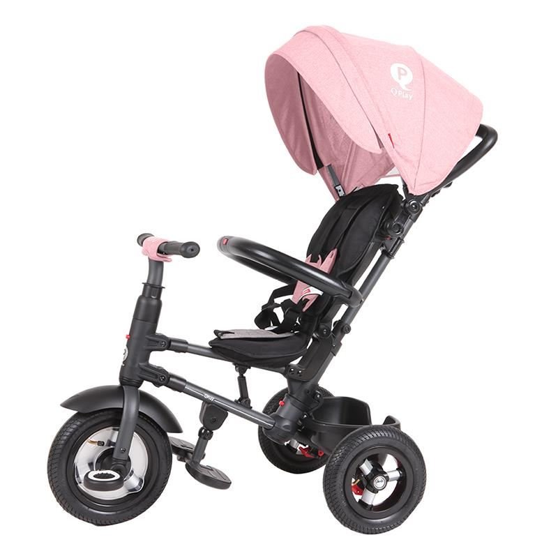 Tricicleta pentru copii Qplay Rito Rubber Roz cu roti din cauciuc, pliabila, maner telescopic, sistem roata libera si greutate maxim suportata 25 kg