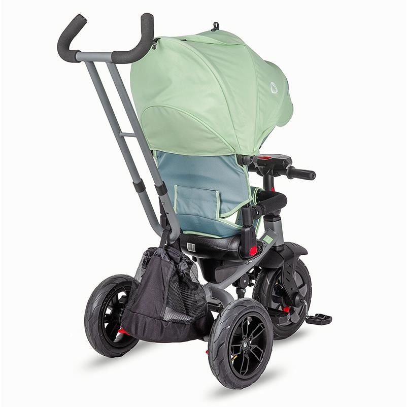 Tricicleta pentru copii Coccolle Pianti Mint Green multifunctionala, cu roti din cauciuc gonflabil, sezut moale si ajustabil cu sistem de rotire 360 grade, 2 tipuri de suporti de picioare si saculet jucarii