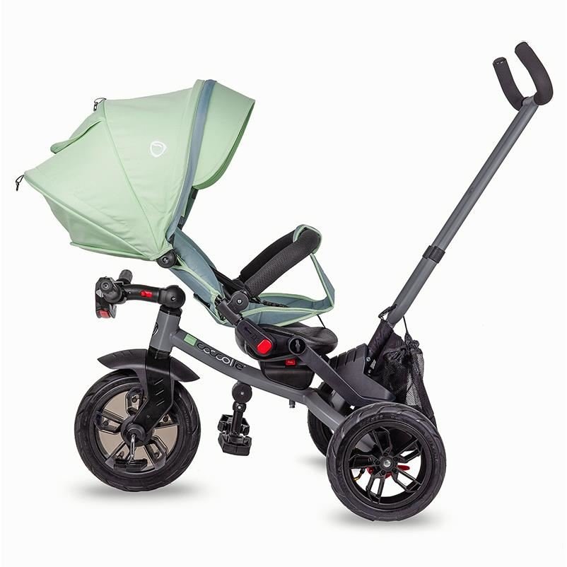 Tricicleta pentru copii Coccolle Pianti Mint Green multifunctionala, cu roti din cauciuc gonflabil, sezut moale si ajustabil cu sistem de rotire 360 grade, 2 tipuri de suporti de picioare si saculet jucarii – imaginea 4