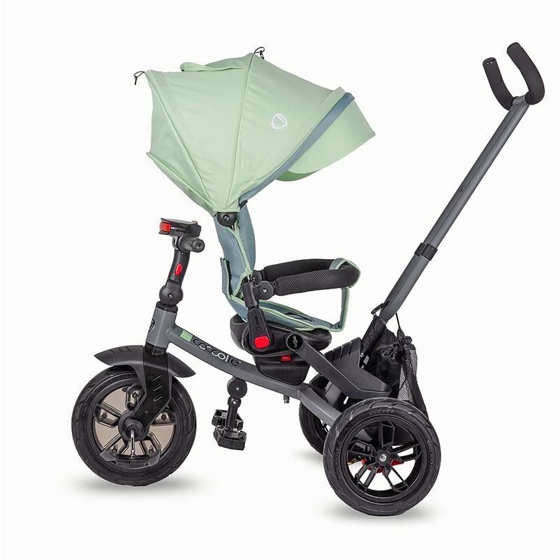 Tricicleta pentru copii Coccolle Pianti Mint Green multifunctionala, cu roti din cauciuc gonflabil, sezut moale si ajustabil cu sistem de rotire 360 grade, 2 tipuri de suporti de picioare si saculet jucarii – imaginea 6