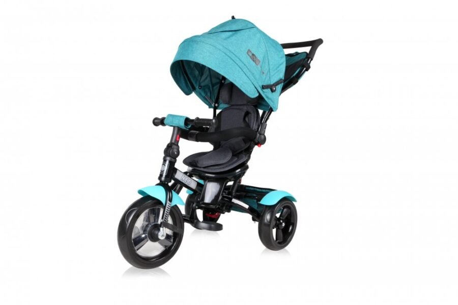 Tricicleta pentru copii Lorelli Neo Green Luxe 4 in 1, multifunctionala, control al directiei, scaun rotativ, spatar inalt reglabil, cosulet textil si 2 tipuri de suport pentru picioare – imaginea 3