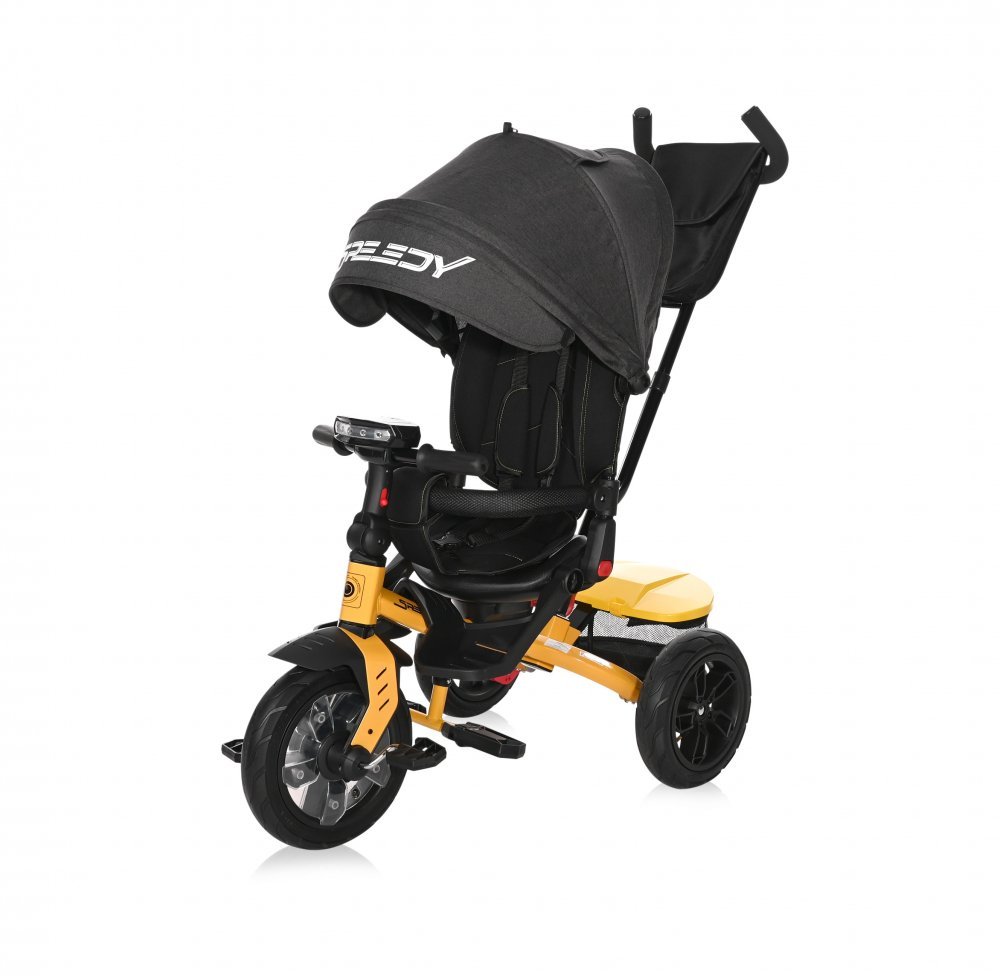 Tricicleta pentru copii Lorelli Speedy Air YellowBlack multifunctionala, 4 in 1, scaun rotativ, spatar inalt reglabil pe 3 pozitii, maner cu control parental, 2 tipuri de suport pentru picioare – imaginea 3