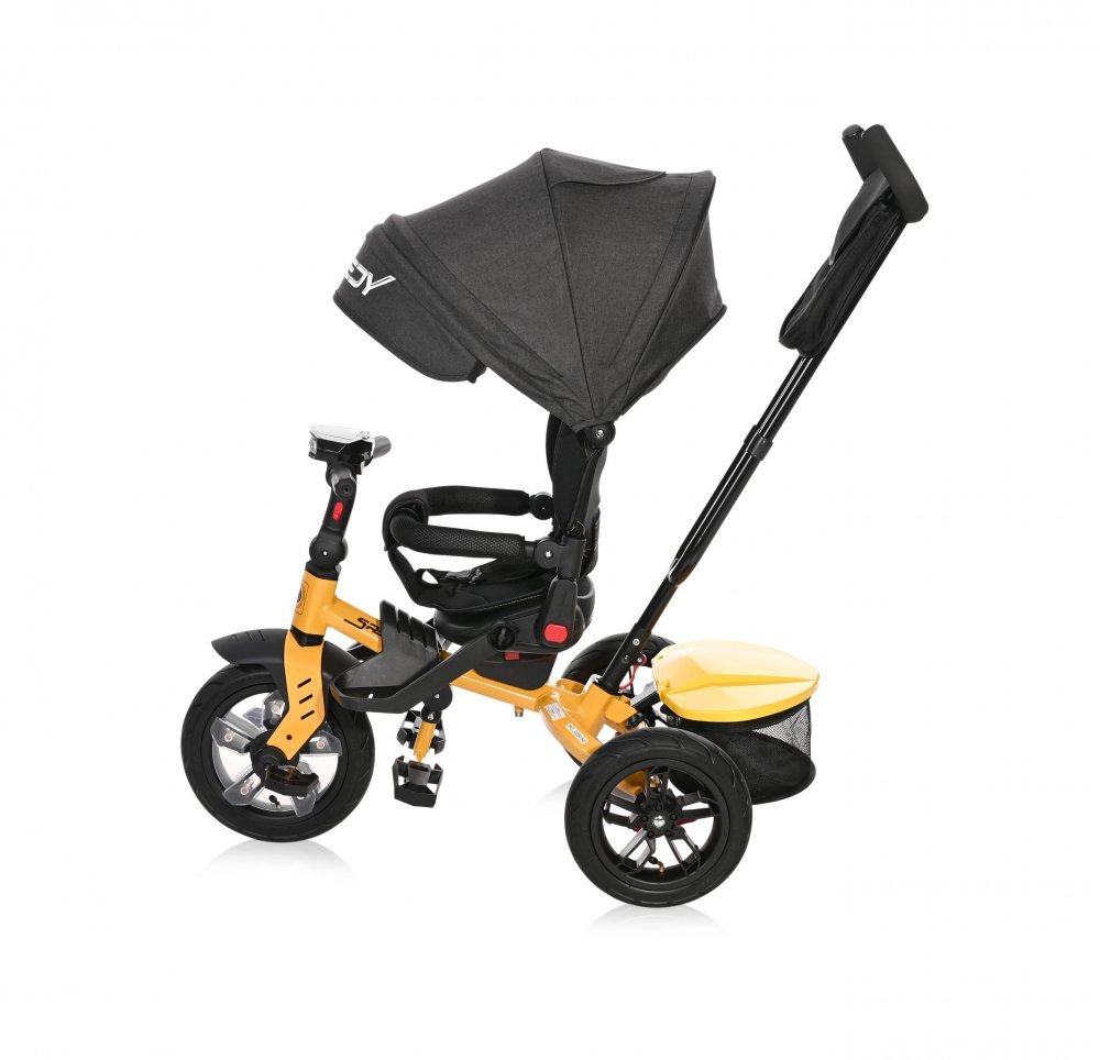 Tricicleta pentru copii Lorelli Speedy Air YellowBlack multifunctionala, 4 in 1, scaun rotativ, spatar inalt reglabil pe 3 pozitii, maner cu control parental, 2 tipuri de suport pentru picioare – imaginea 2
