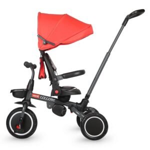 Tricicleta pentru copii Coccolle Venti Chili Pepper multifunctionala, cu spatar ajustabil, cu pozitie de somn, sezut rotativ 360 grade, roti de cauciuc, 2 seturi de suporti de picioare de la 10 luni pana la 25 kg
