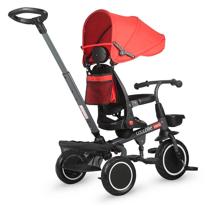 Tricicleta pentru copii Coccolle Venti Chili Pepper multifunctionala, cu spatar ajustabil, cu pozitie de somn, sezut rotativ 360 grade, roti de cauciuc, 2 seturi de suporti de picioare de la 10 luni pana la 25 kg – imaginea 5